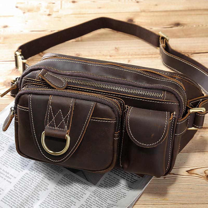 Vintage Large Brown Leather Men's Fanny Pack Brown Waist Bag Hip Pack ...