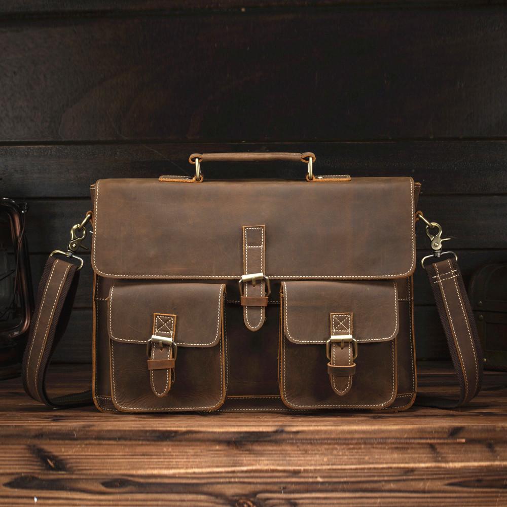Vintage Brown Leather Men's Professional Briefcase 13‘’ Laptop Shoulde ...