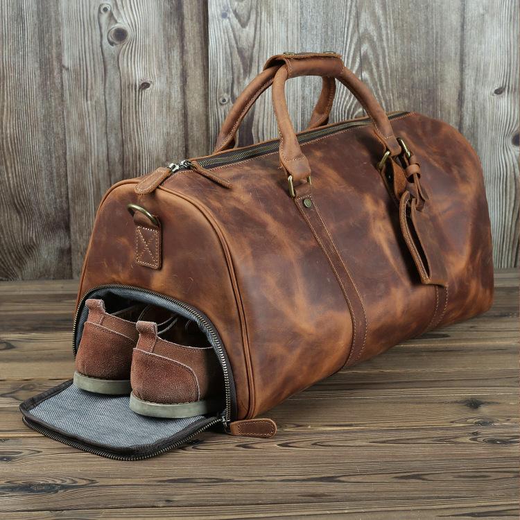 Casual Brown Leather Men's 15 inches Overnight Bag Travel Bag Luggage ...