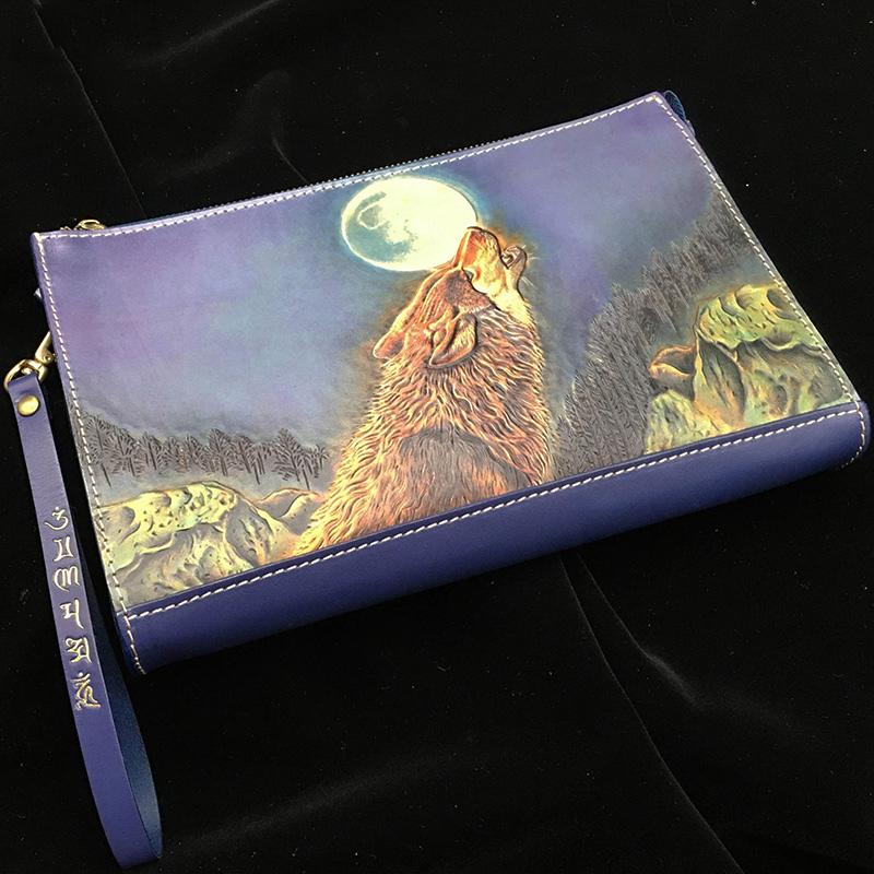 Blue Handmade Tooled Leather Wolf Clutch Wallet Wristlet Bag Clutch Pu – iChainWallets