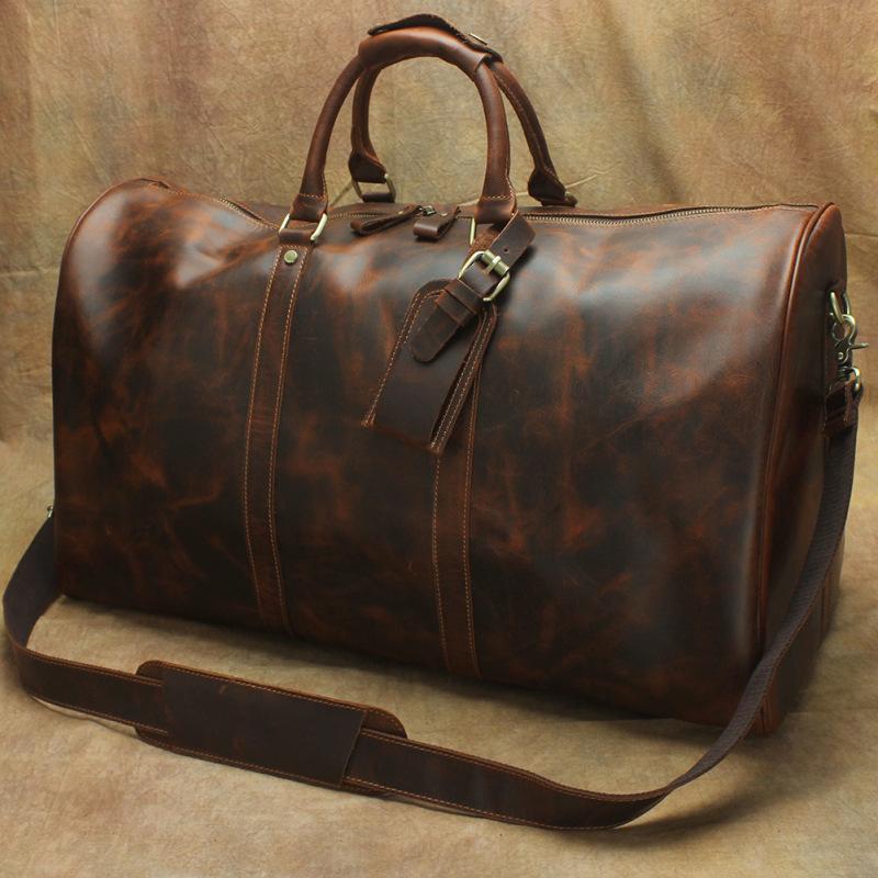 Large Leather Mens Barrel Overnight Bags Weekender Bag Travel Bags For ...