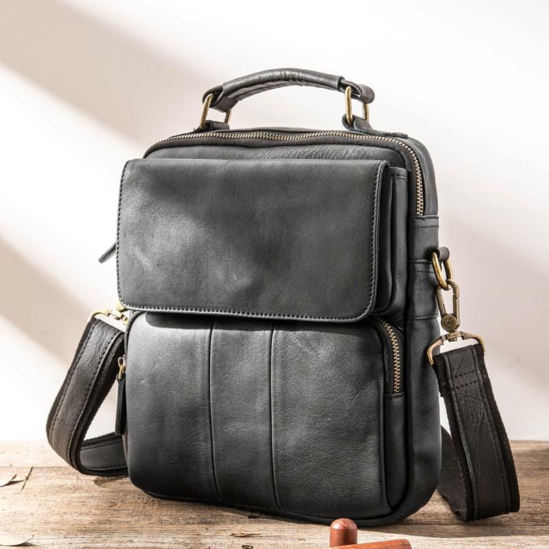 Black Leather Mens Vertical Small Briefcase Work Handbag Side Bag Busi ...