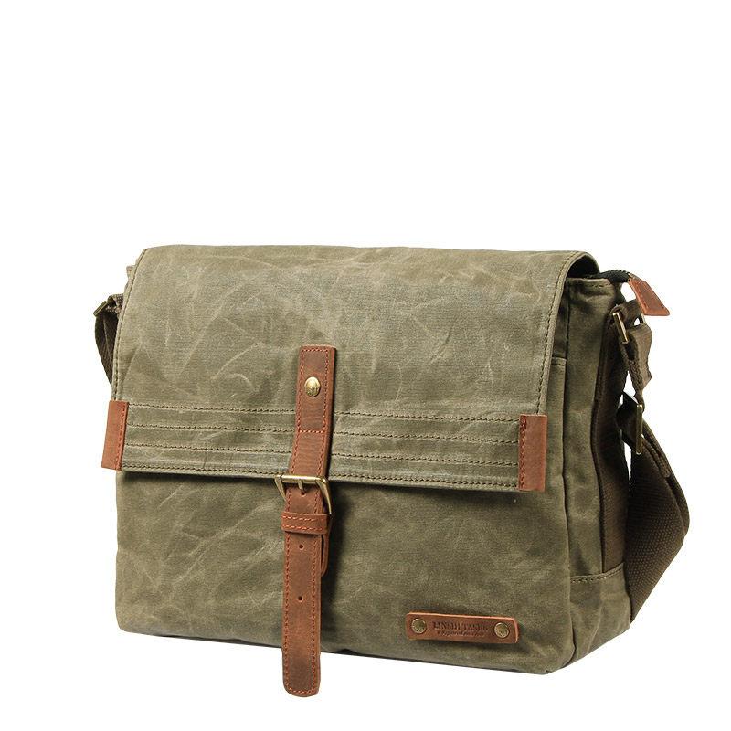 Fashion Waxed Canvas Leather Mens Army Green Side Bags Messenger Bags ...