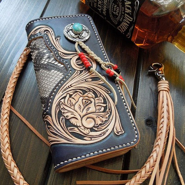 Handmade Leather Tooled Floral Mens Clutch Wallet Cool Wallet Long Wal ...