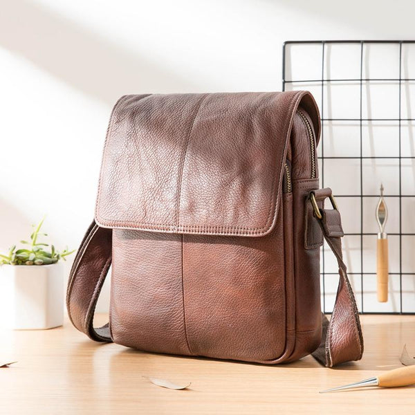 Casual Leather Mens 8 inches Vertical Side Bag Brown Messenger Bags Po ...