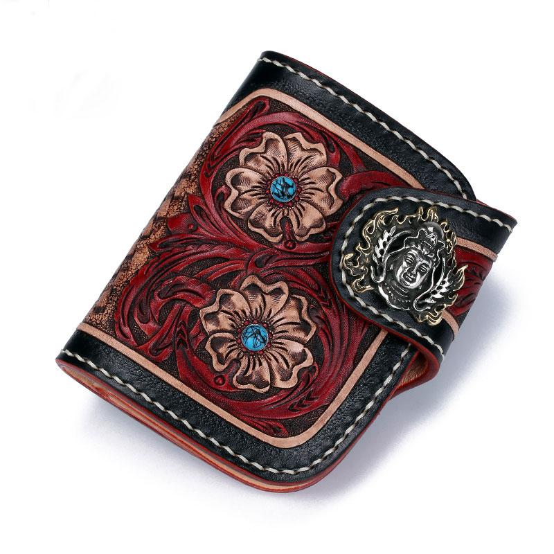 Handmade Leather Small Tooled Floral Mens Short Wallet Cool Chain Wall – iChainWallets