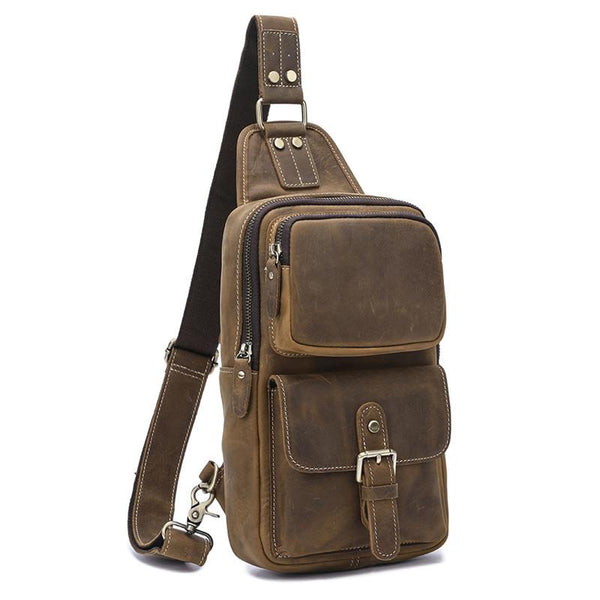 Brown Leather Men's Sling Bags Best Sling Pack Chest Bag One Shoulder ...