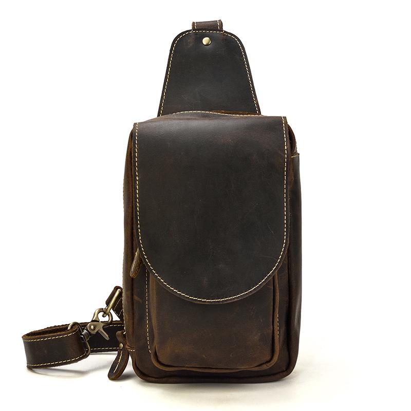 Leather Men's 8 inches Brown Sling Bag Chest Bag Dark Brown One Should ...