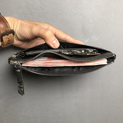 Cool Leather Mens Black Zipper Wallet Long Leather Wallet Clutch Wristlet Wallet for Men