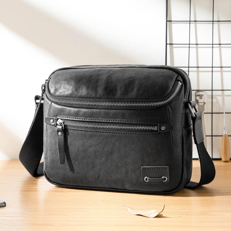 Casual Black Leather Mens 10 inches Postman Bag Black Courier Bag Mess ...