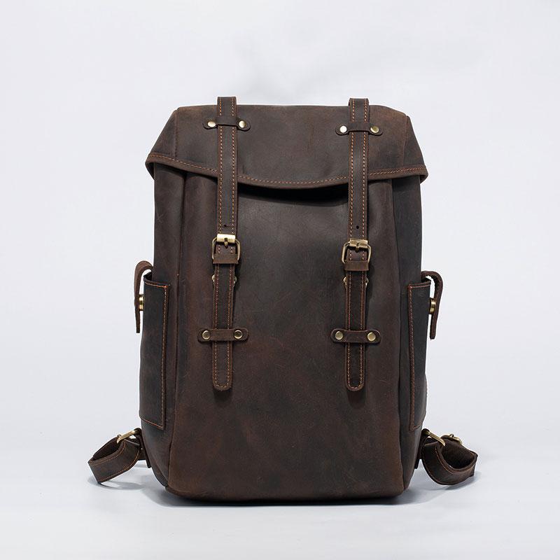 Coffee Cool Mens Leather Hiking Backpack Large Travel Backpack Leather ...