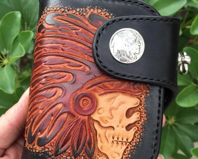 Handmade Leather Tooled Skull Indian Chief Biker Wallet Mens Cool bill ...