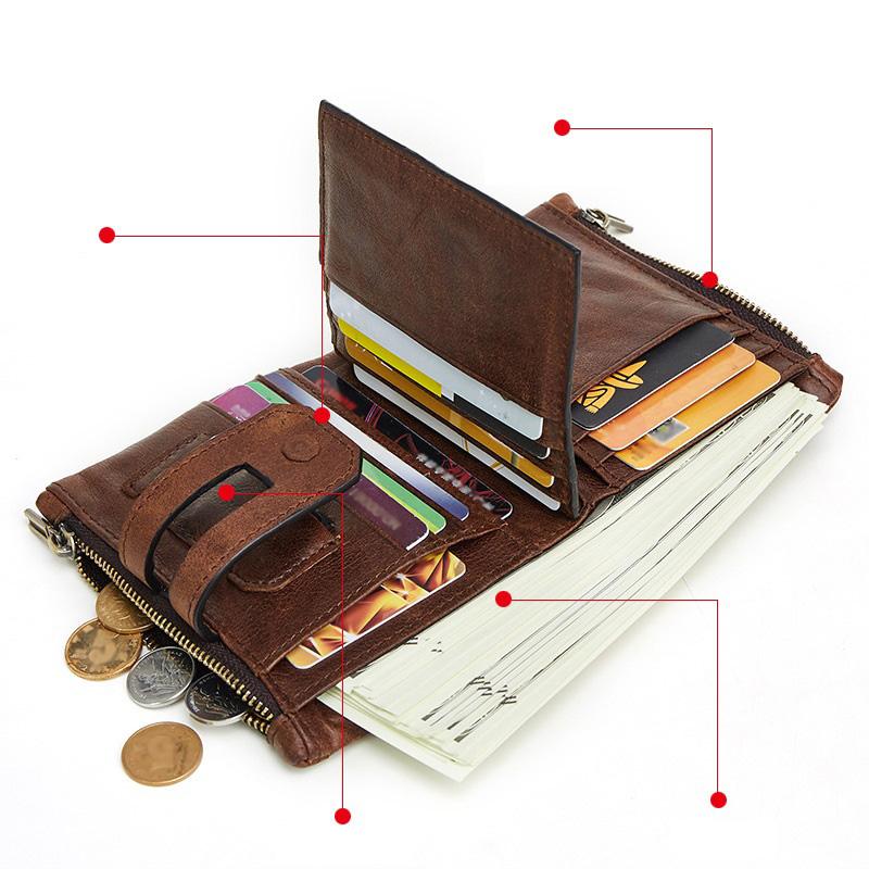 RFID Brown Leather Men&#39;s Double Zipper Small Wallet Black Short Wallet – iChainWallets