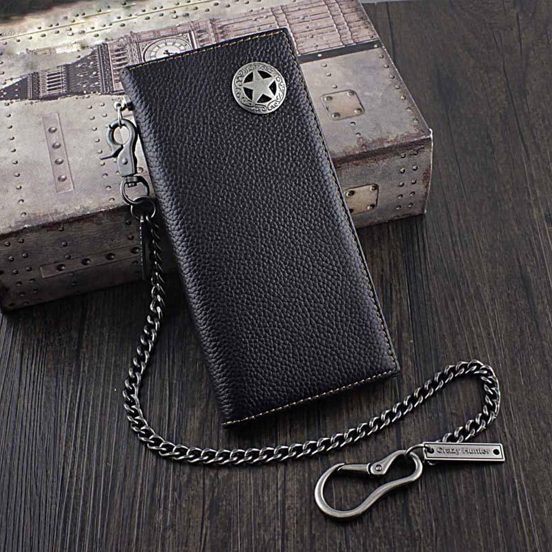 Badass Black Leather Men&#39;s Metal Star Long Biker Chain Wallet Bifold L – iChainWallets