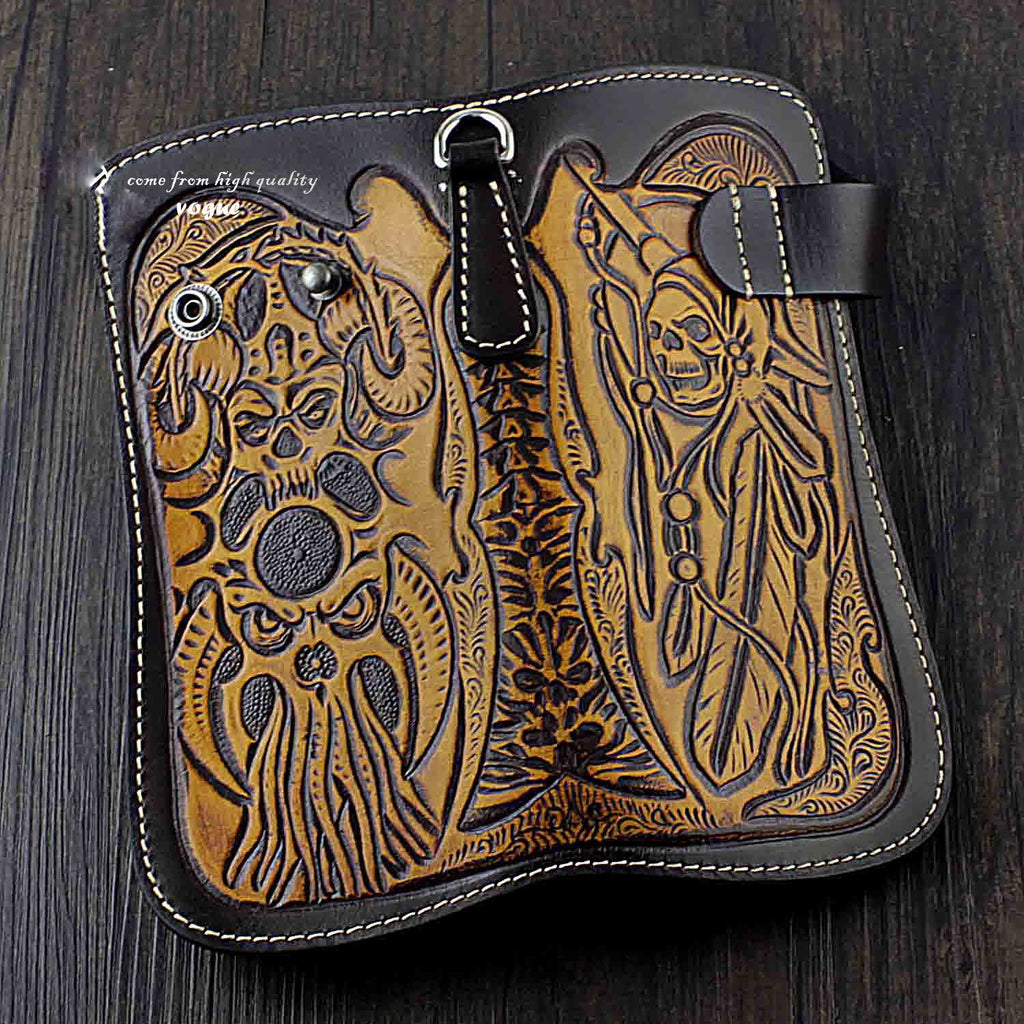 Badass Skull Leather Men&#39;s Long Wallet with Chain Biker Wallet Chain W – iChainWallets