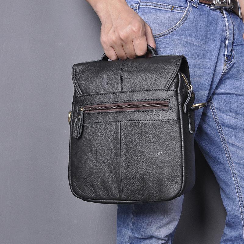 Black Leather Mens Small Vertical Messenger Bag Vertical Black Side Ba ...