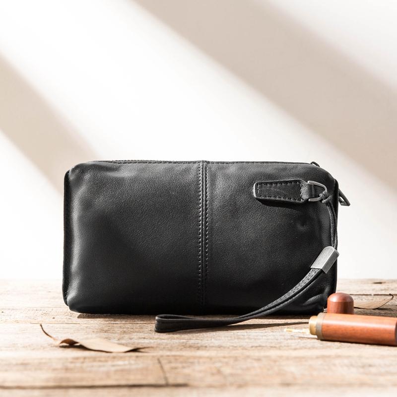 Black Leather Mens Long Zipper Clutch Wallet Wristlet Bag Long Wallet – iChainWallets