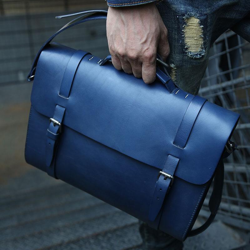 blue leather handbag