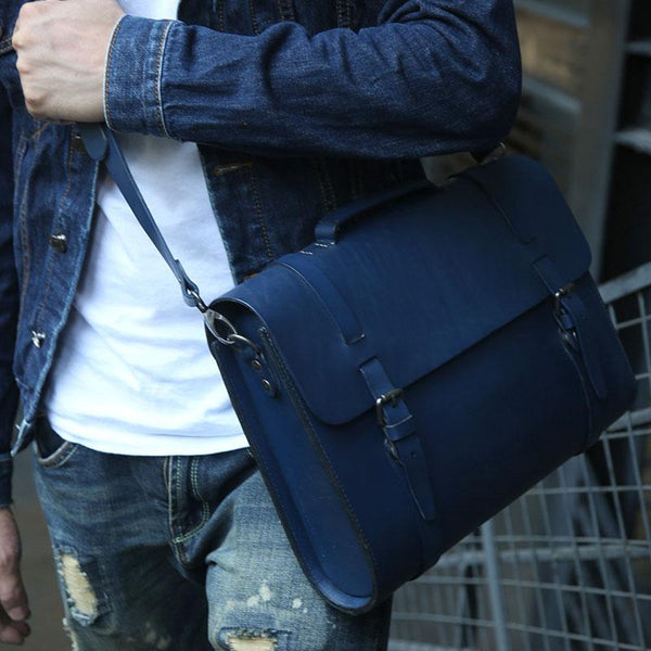Blue Leather Mens Briefcase Messenger Bag Handbag Shoulder Bag for men ...