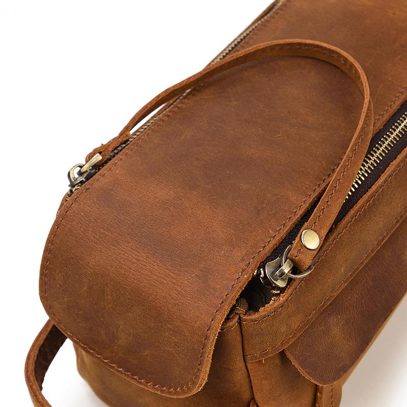 Brown Leather Men's Clutch Bag Double Zipped Dark Brown Wristlet Handb ...