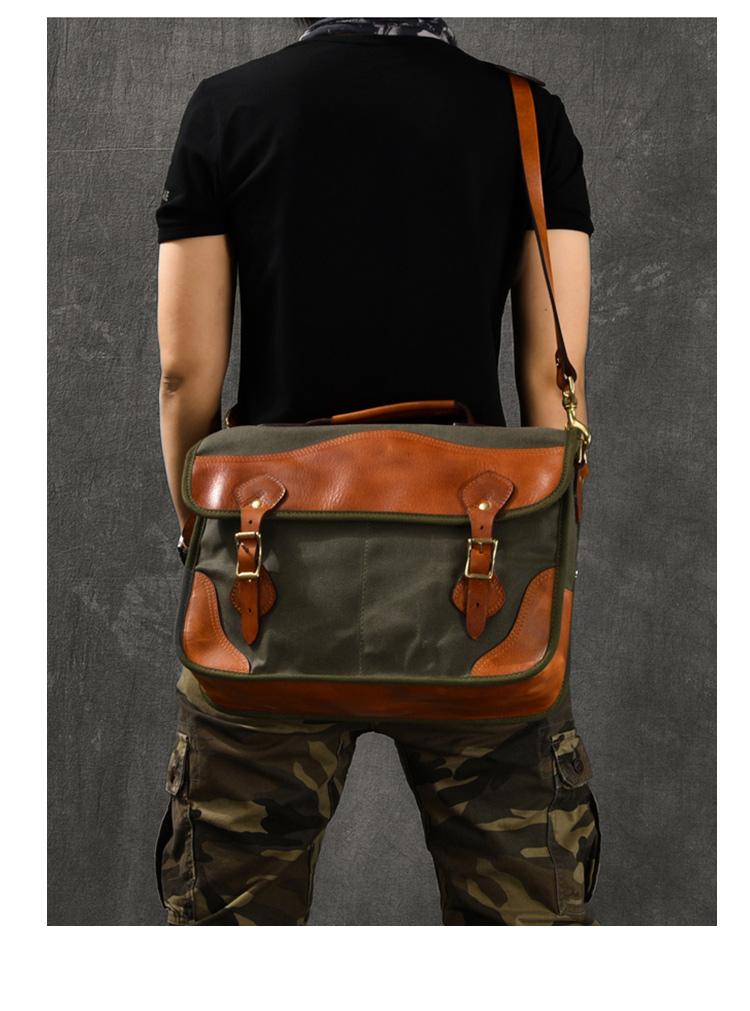 Canvas Leather Mens 14‘’ Army Green Briefcase Side Bag Retro Messenger ...