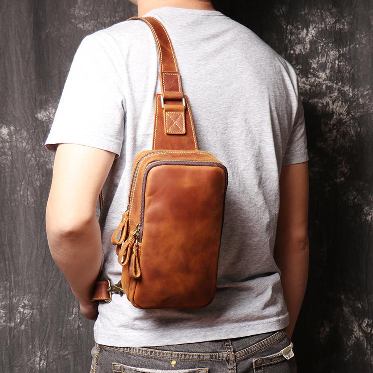 Best Brown Leather Men's Sling Bag Chest Bag Brown One shoulder Backpa ...