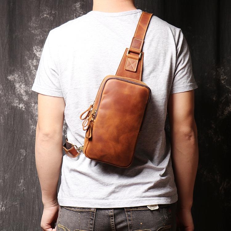Best Brown Leather Men's Sling Bag Chest Bag Brown One shoulder Backpa ...