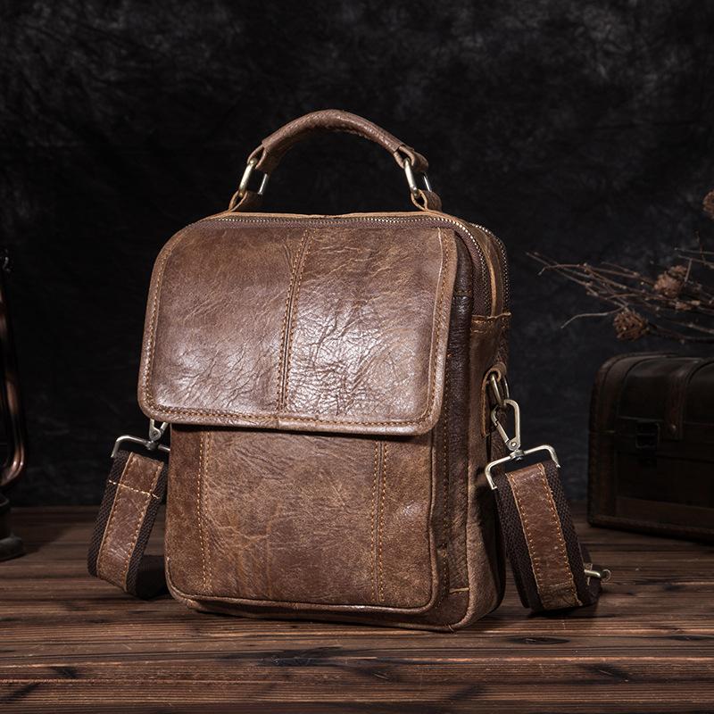 Brown LEATHER MENS Vertical SIDE BAG Small COURIER BAG Vertical Handba ...