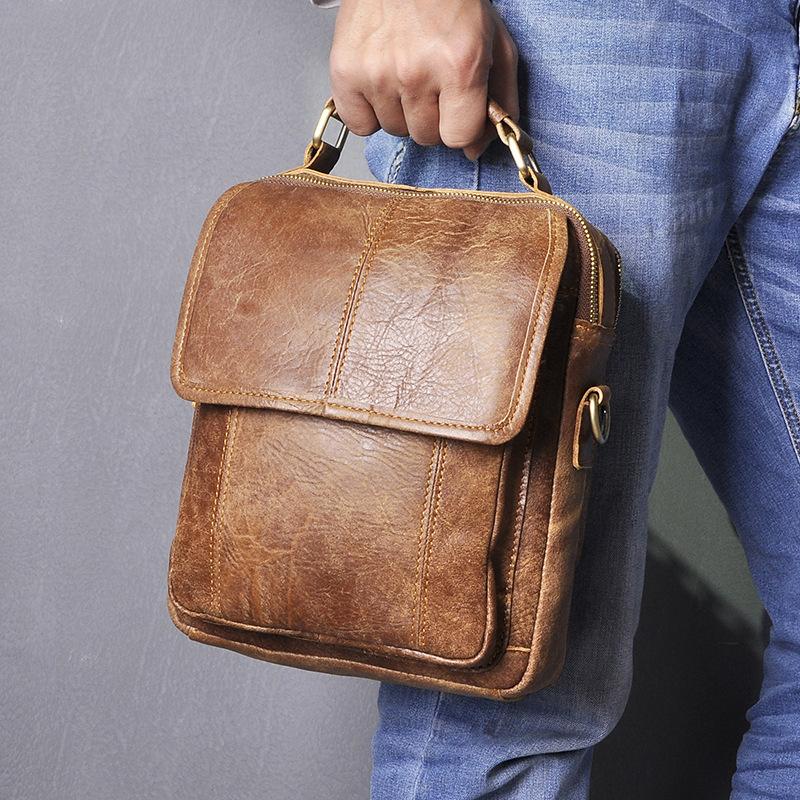 Brown LEATHER MENS Vertical SIDE BAG Small COURIER BAG Vertical Handba ...