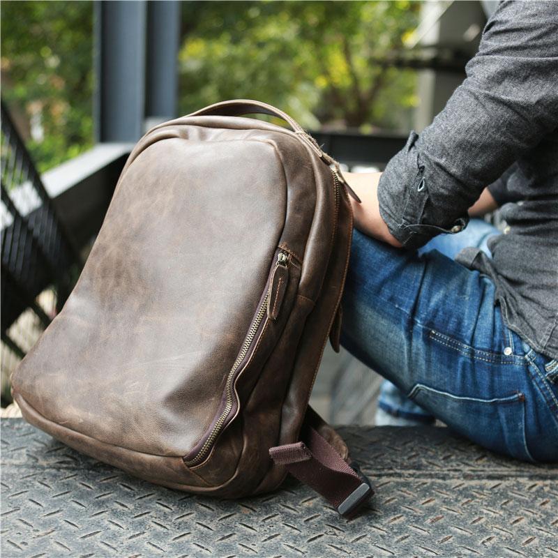 Coffee Leather Mens Backpacks Travel Backpacks Laptop Backpack for men ...