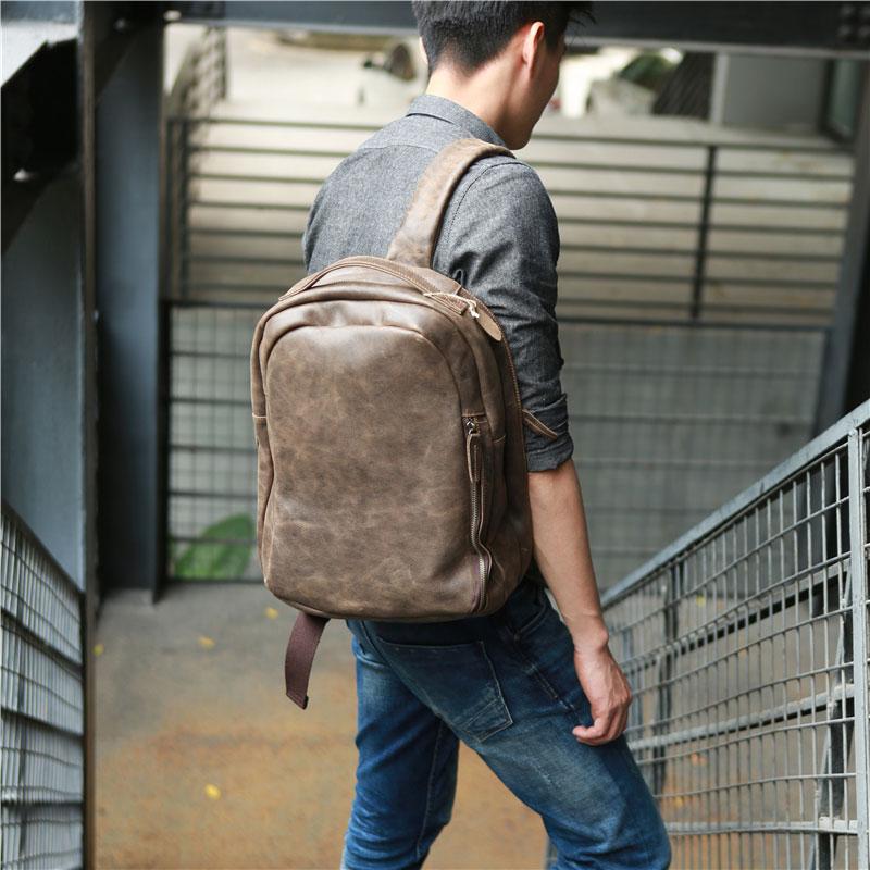 Coffee Leather Mens Backpacks Travel Backpacks Laptop Backpack for men ...