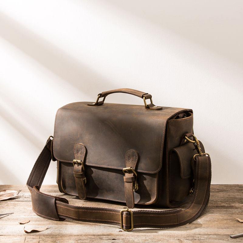 Coffee Vintage Leather Mens Camera Messenger Bag Crossbody Camera Bags ...