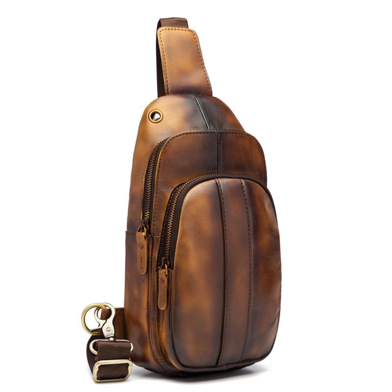 Cool Brown Mens Leather One Shoulder Backpack Chest Bag Sling Bags For ...
