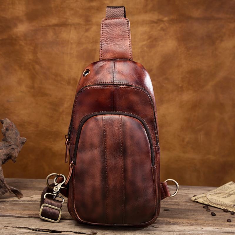 Cool Brown Mens Leather One Shoulder Backpack Chest Bag Sling Bags For ...