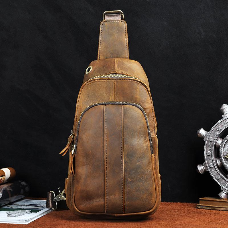 Cool Brown Mens Leather One Shoulder Backpack Chest Bag Sling Bags For ...