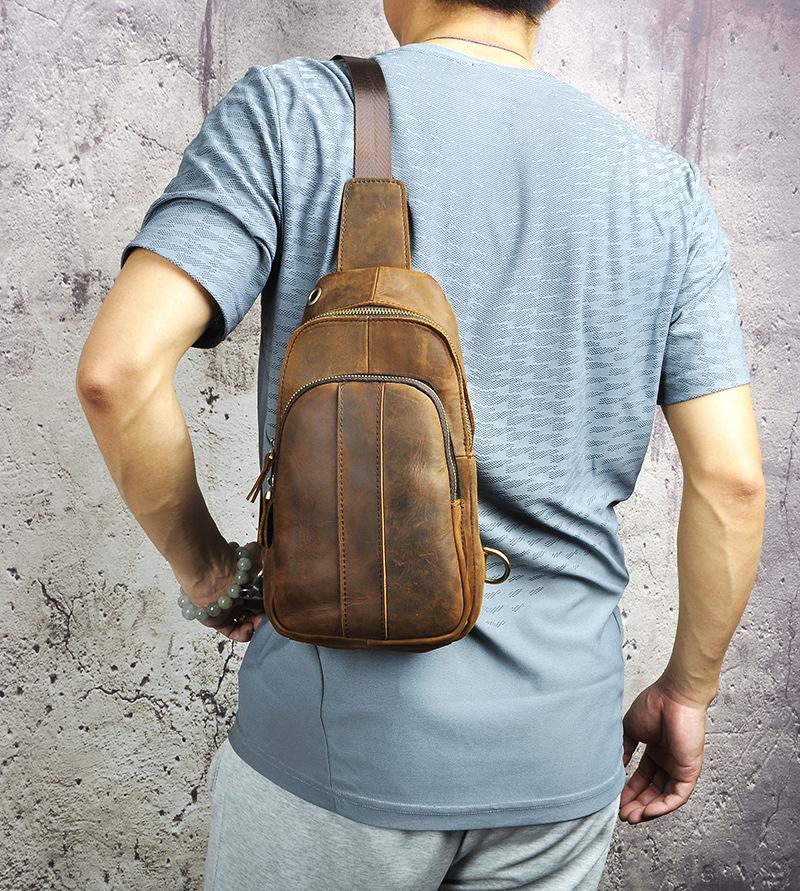 Cool Brown Mens Leather One Shoulder Backpack Chest Bag Sling Bags For ...