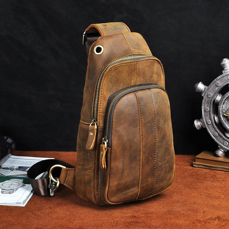 Cool Brown Mens Leather One Shoulder Backpack Chest Bag Sling Bags For ...