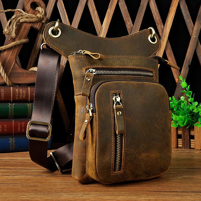 Dark Brown LEATHER MEN'S Belt Pouch Mini Side bag Vertical Phone Bag M ...