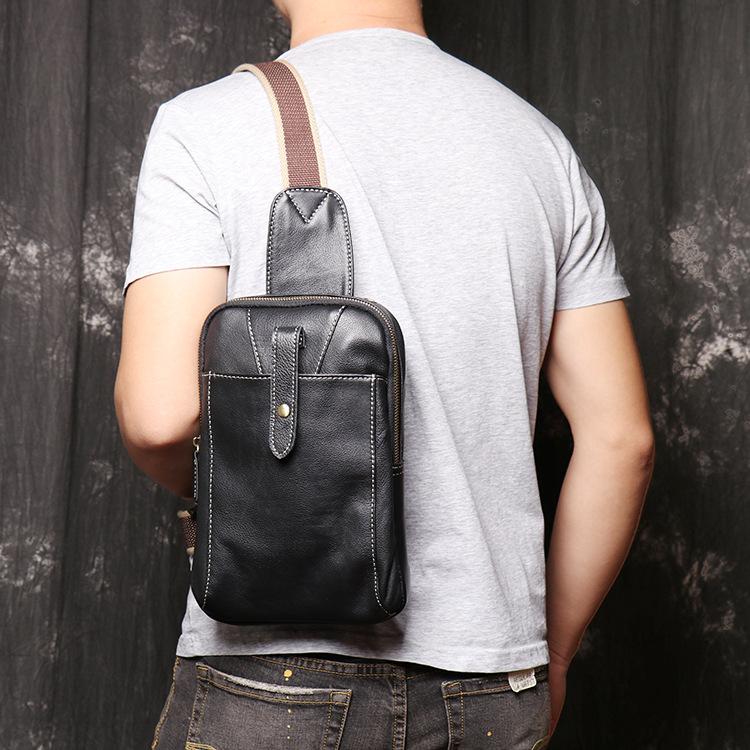 Fashion Black Leather Sling Backpack Men's Sling Bag Black Chest Bag O ...