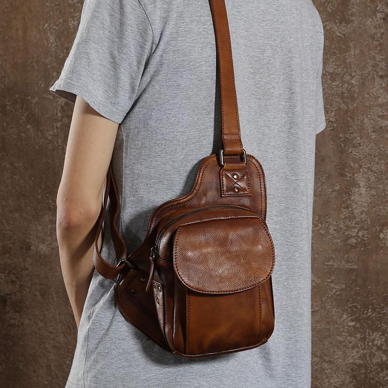 Handmade Leather Mens Cool Chest Bag Sling Bag Crossbody Bag Hiking Ba – iChainWallets