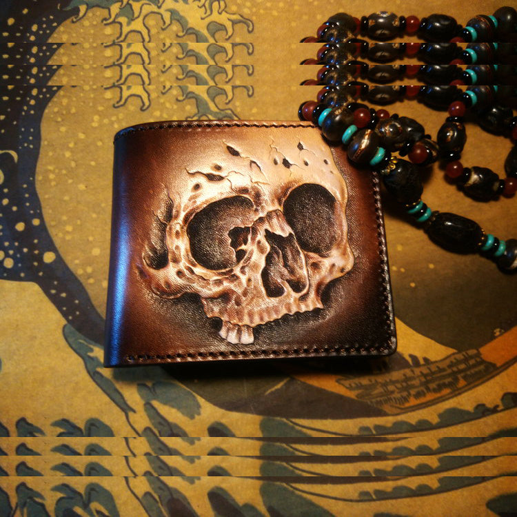 Handmade Leather Skull Tooled Mens billfold Wallet Cool Leather Wallet