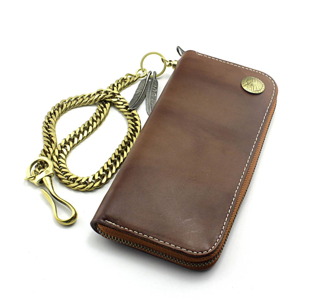 Badass Coffee Leather Men's Long Wallet with Chain Biker Chain Wallet ...