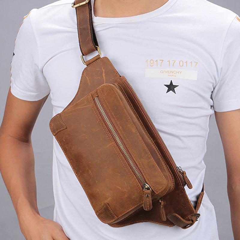 Vintage Brown Leather Men's Fanny Pack Coffee Chest Bag Waist Bag For ...