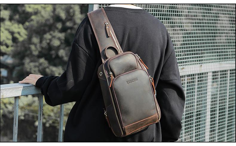 Vintage Brown Leather Men's One Shoulder Backpack Chest Bag Sling Cros ...