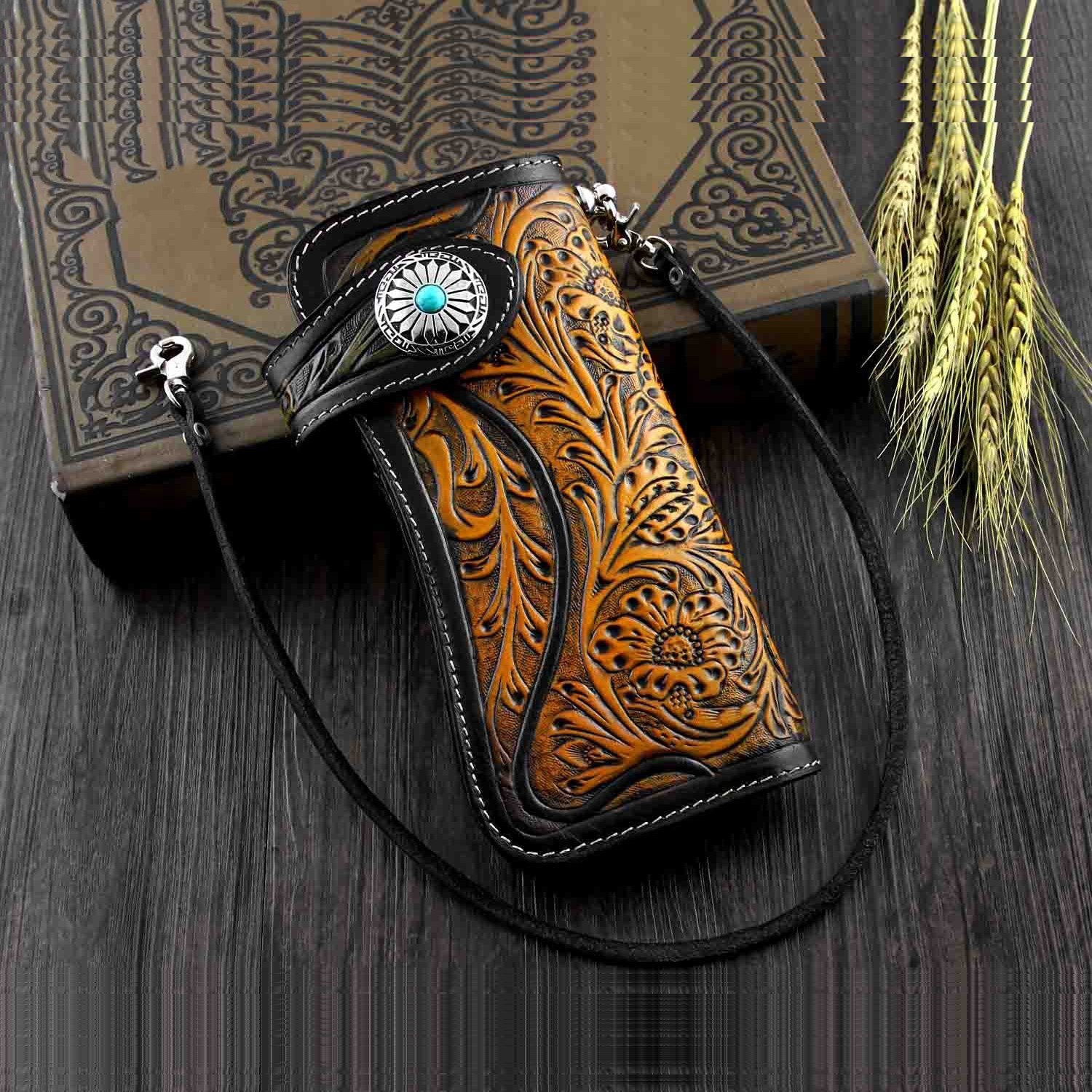 Handmade Tooled Black Leather Mens Biker Chain Wallet Long Biker Walle – iChainWallets