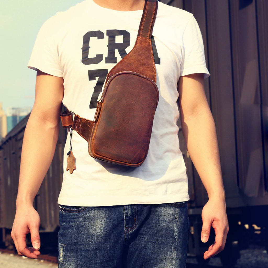 Genuine Leather Mens Cool Chest Bag Sling Bag Crossbody Bag Travel Bag ...