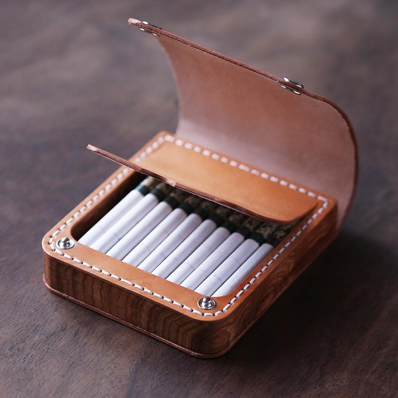 Handmade Wooden Leather Mens 20pcs Cigarette Case Cool Custom Cigarett