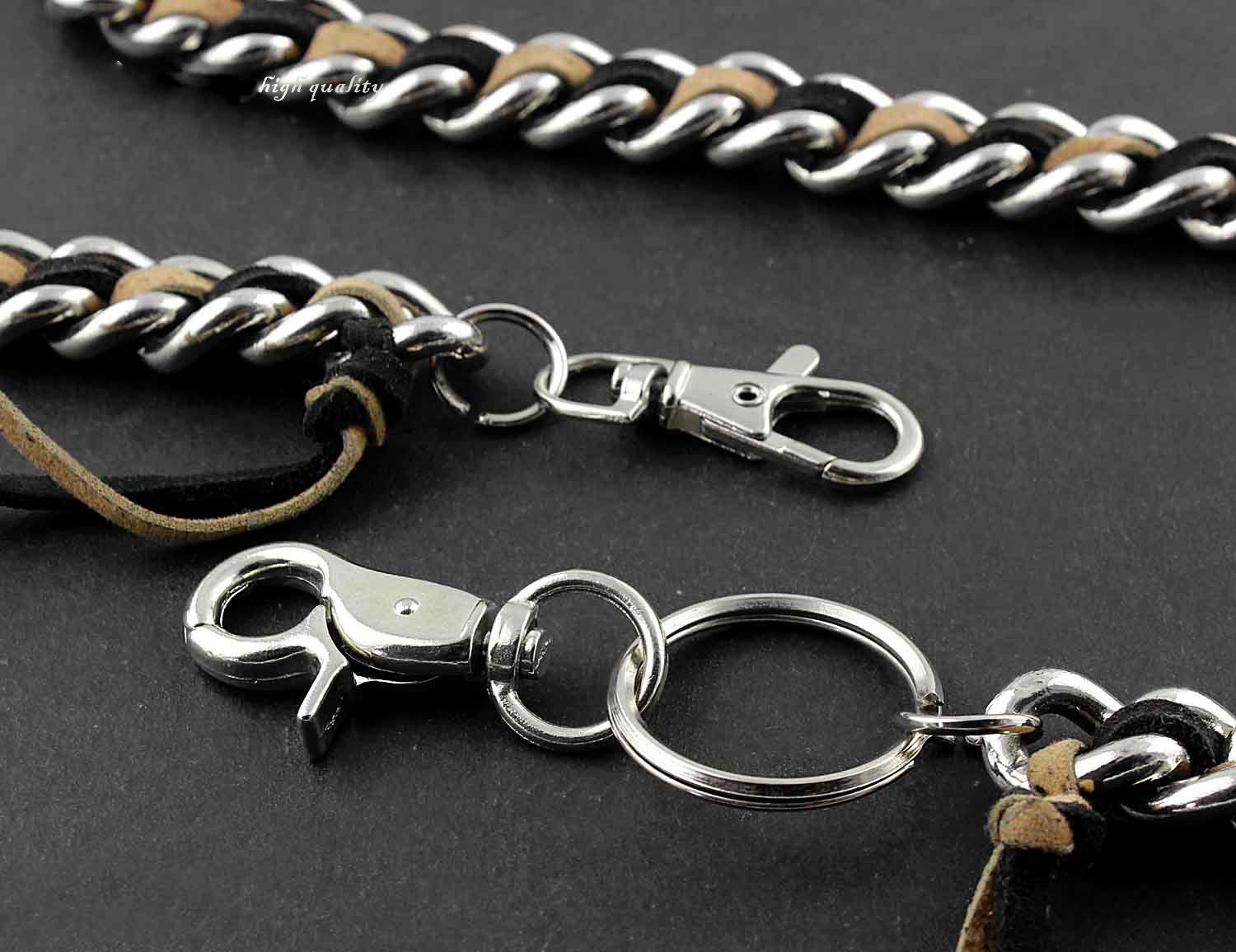 Solid Stainless Steel Leather Braided Long Wallet Chain Cool Punk Rock ...