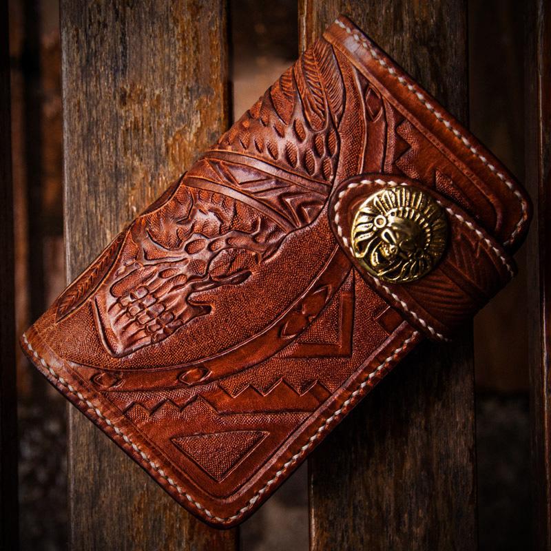 Handmade Leather Skull Indian Chief Tooled Mens Short Wallet Cool Smal – iChainWallets