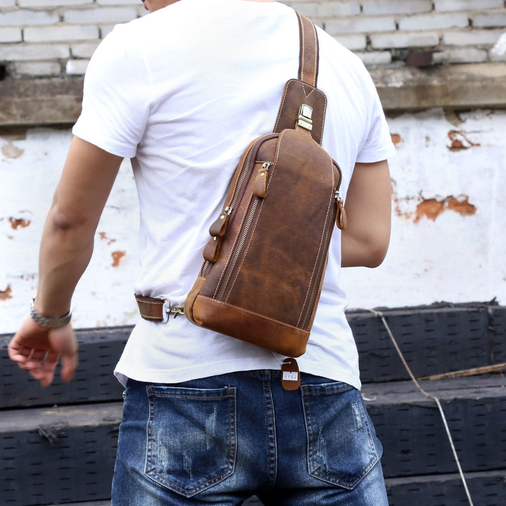 Handmade Leather Mens Cool Chest Bag Sling Bag Crossbody Bag Travel Ba ...